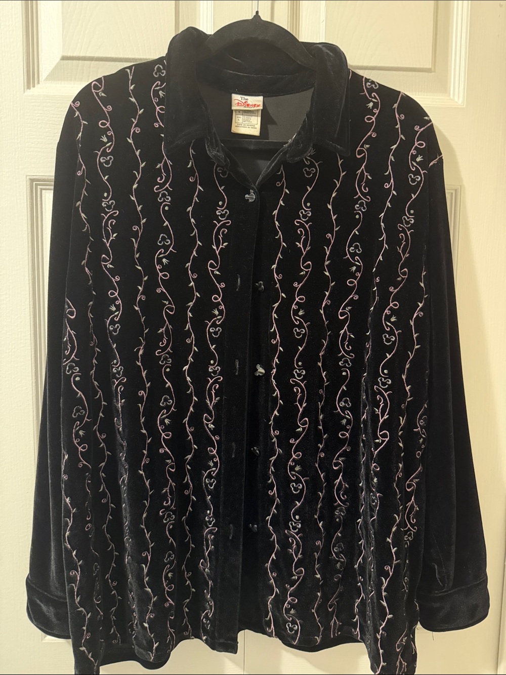 90s Vintage Disney Black Velvet Mickey Mouse Buttondown Long-Sleeve Shirt Size L